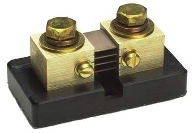 REC WS500 current shunt with brass terminals and manganin resistance blades on black mounting base