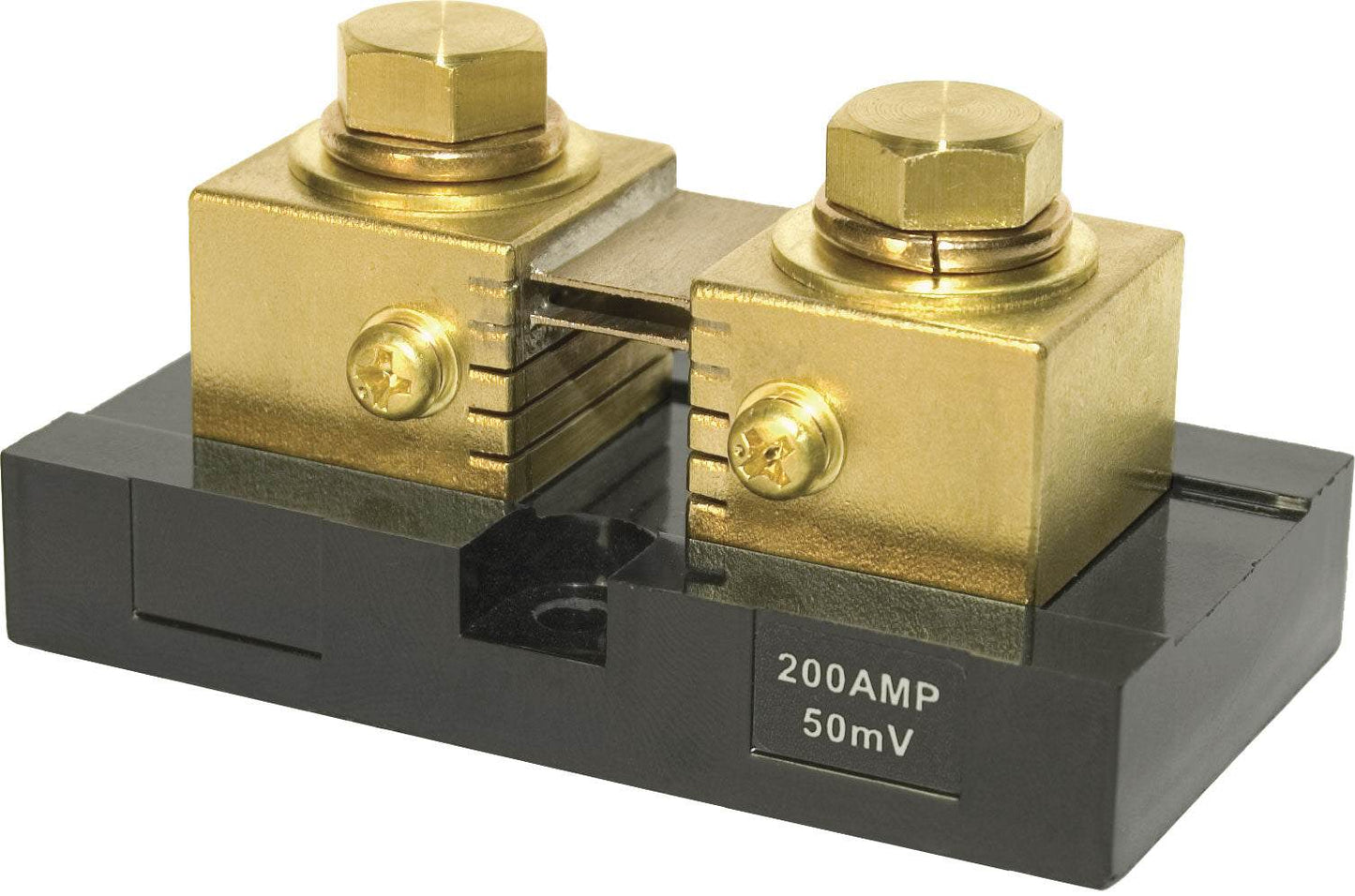 REC Current Sensor 200A shunt with brass terminals and black base labeled 200AMP 50mV