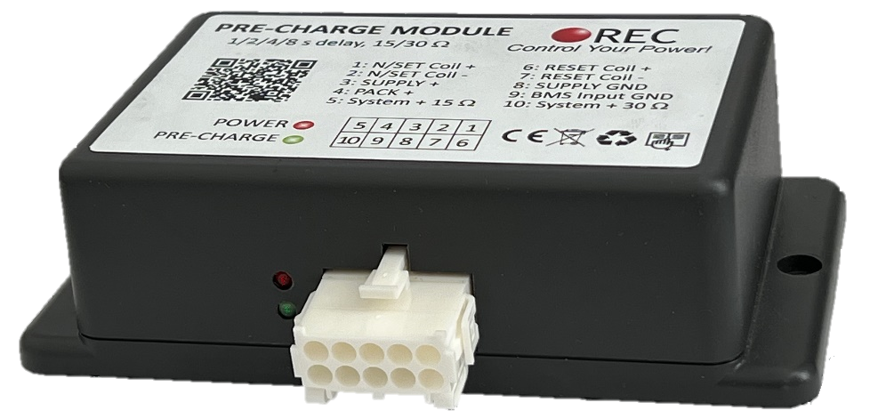 REC Precharge Module V3.0 for controlling inrush current in high capacitance systems with delay settings and protection features