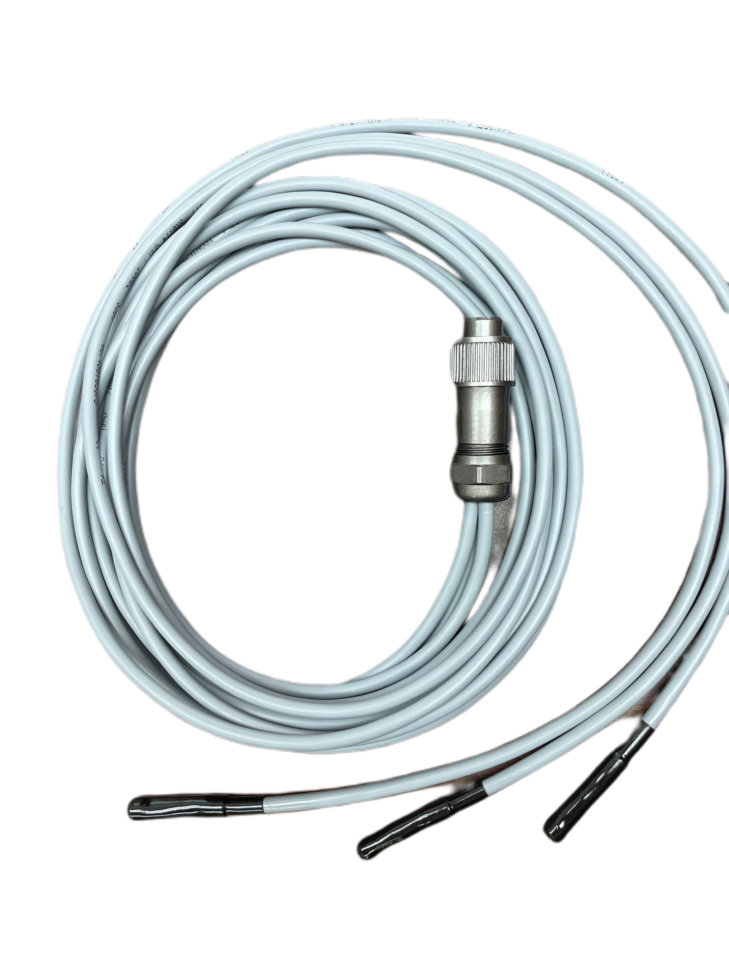 REC Temperature Sensor Cable with 3 sensors and metal connector coiled on white background